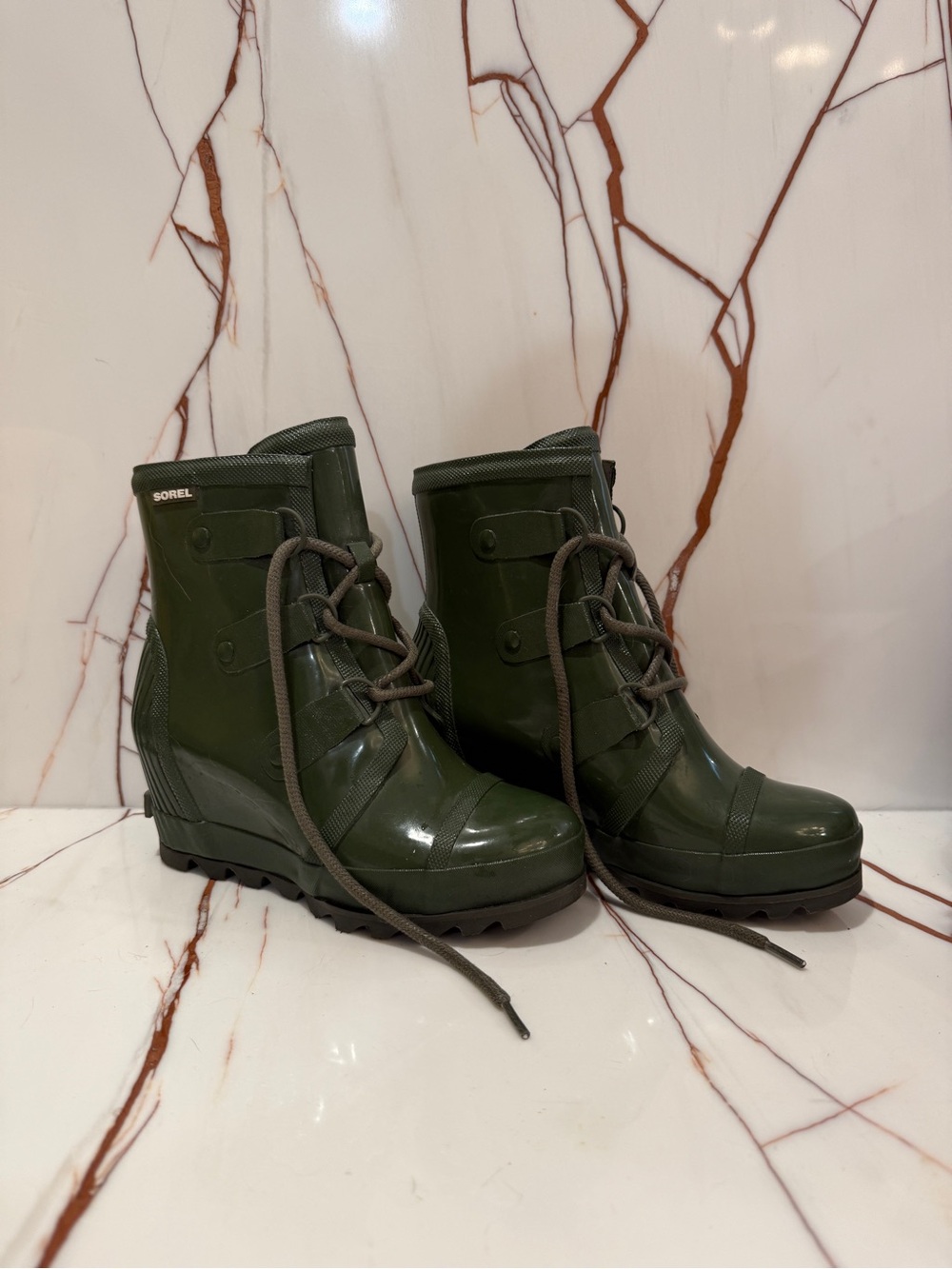 Sorel Olive Green Lace-Up Wedge Rain Boots